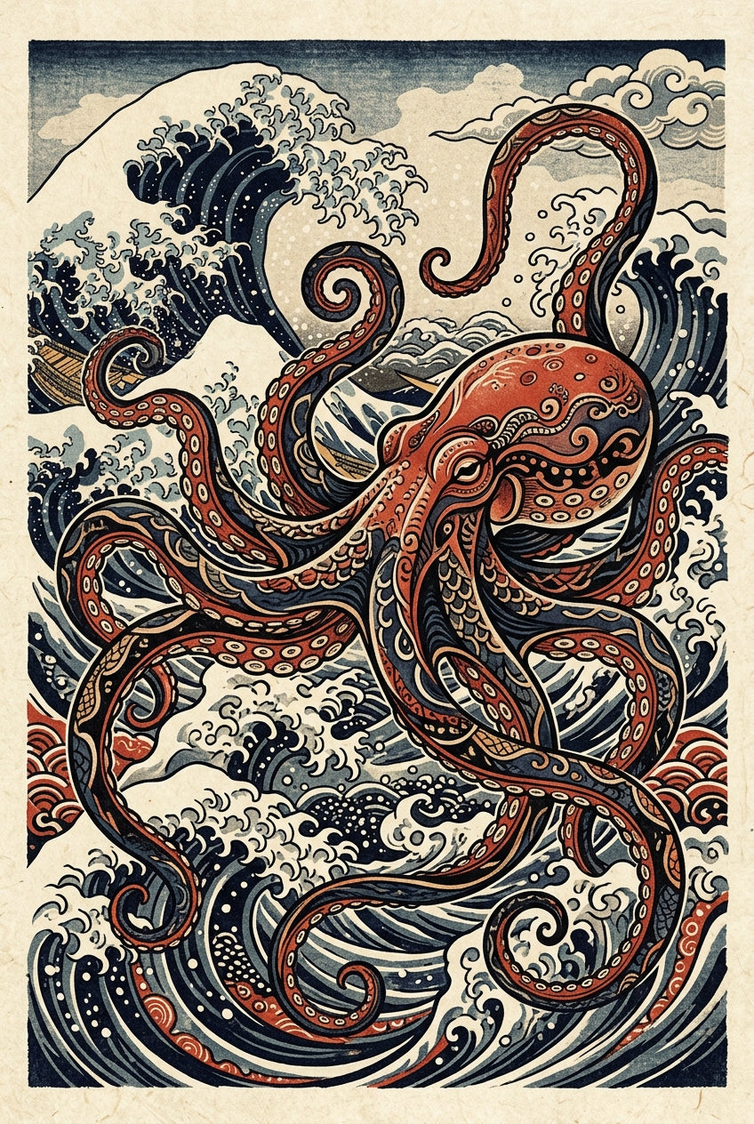 Affiche de Poulpe japonais, poster vague Hokusai