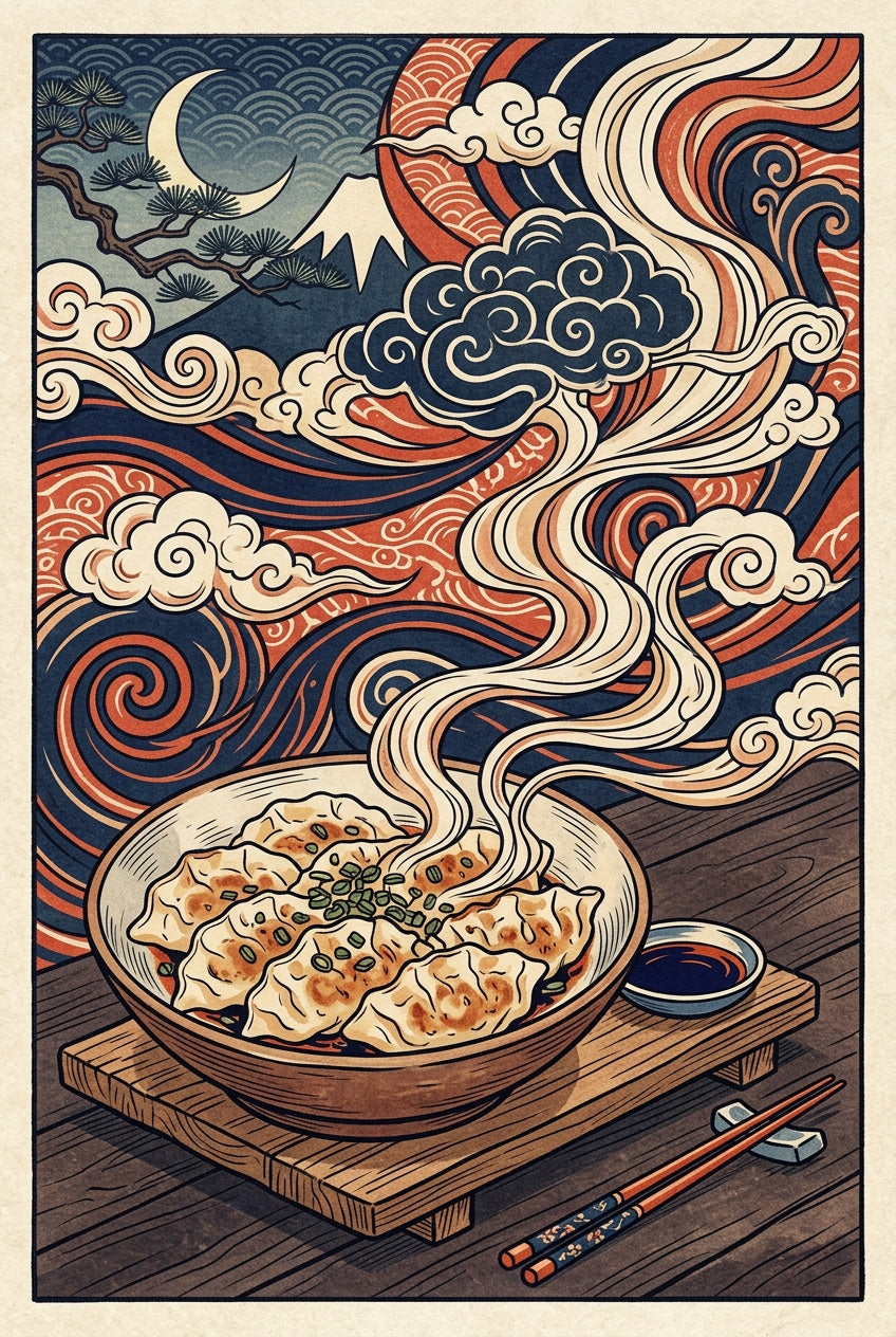 Affiche de Gyozas, style ukiyo-e japonais