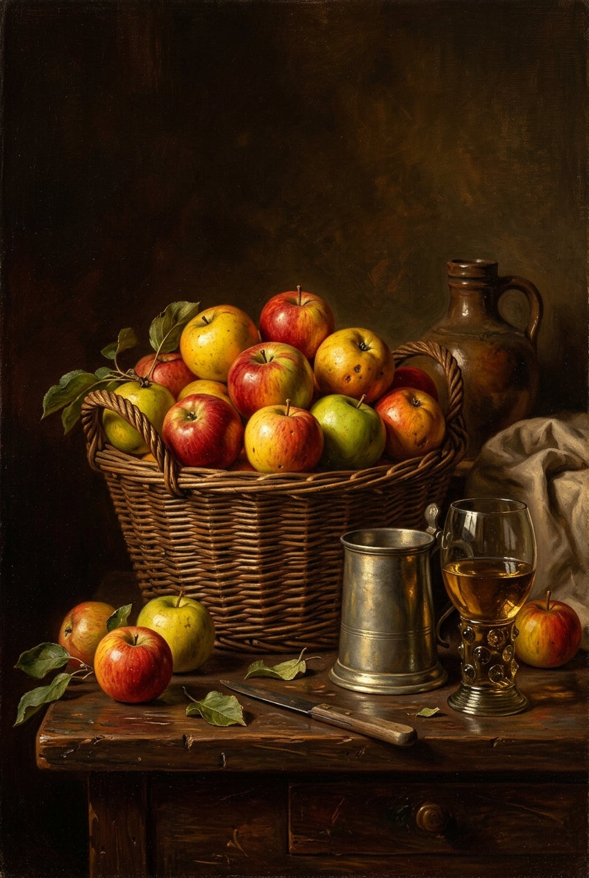Affiche de pommes, poster panier en osier