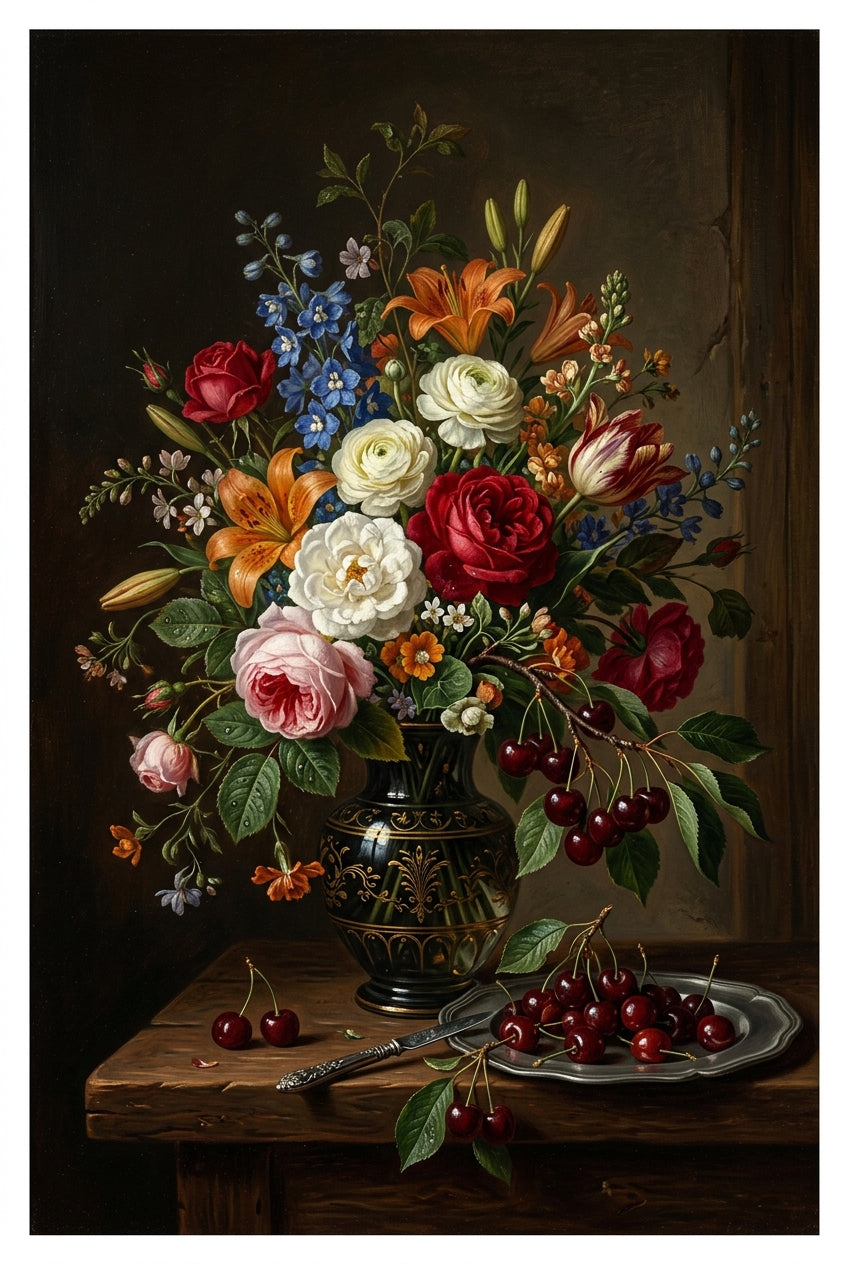 Affiche de nature morte, poster fleurs et cerises