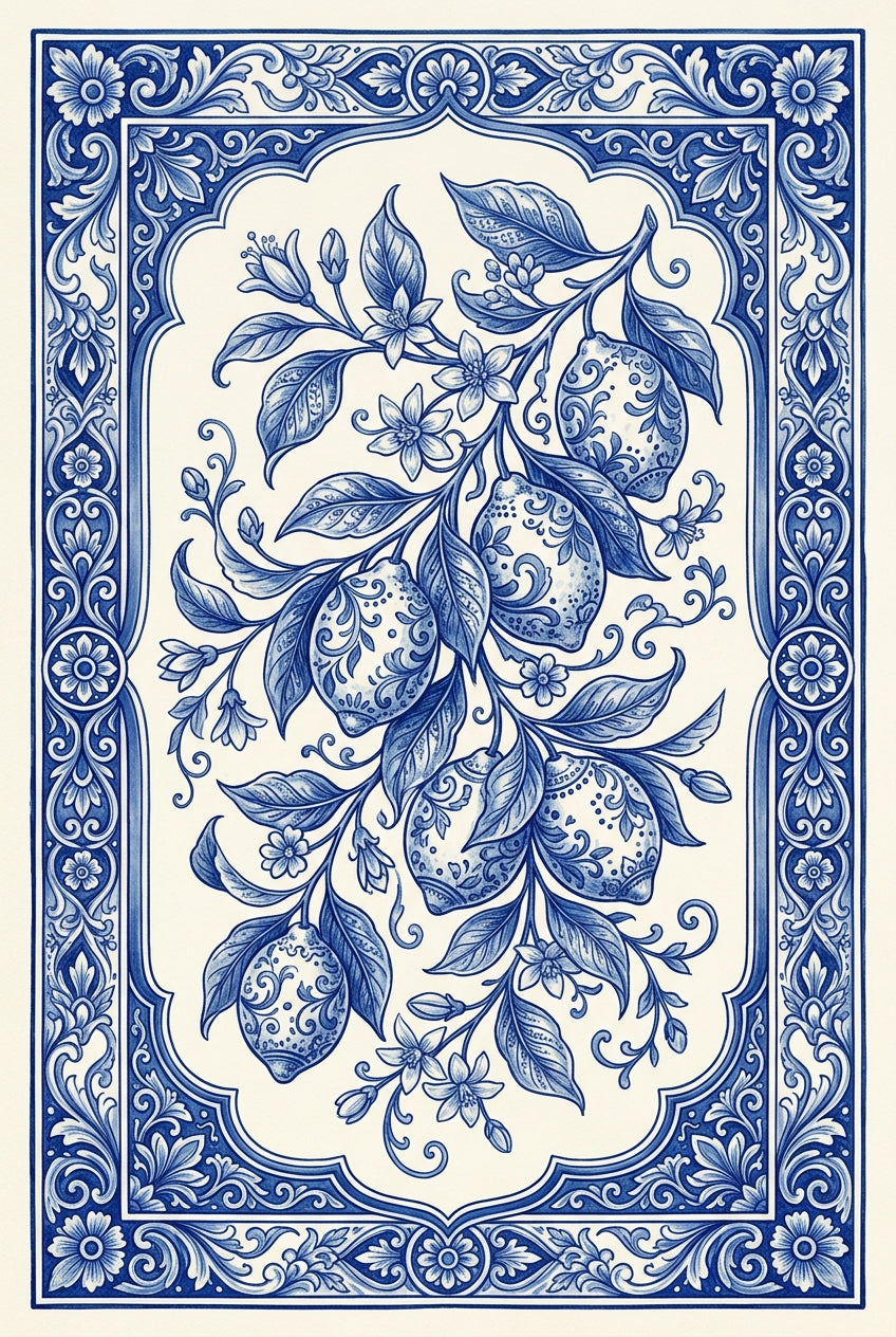 Affiche de citrons, poster azulejos bleu