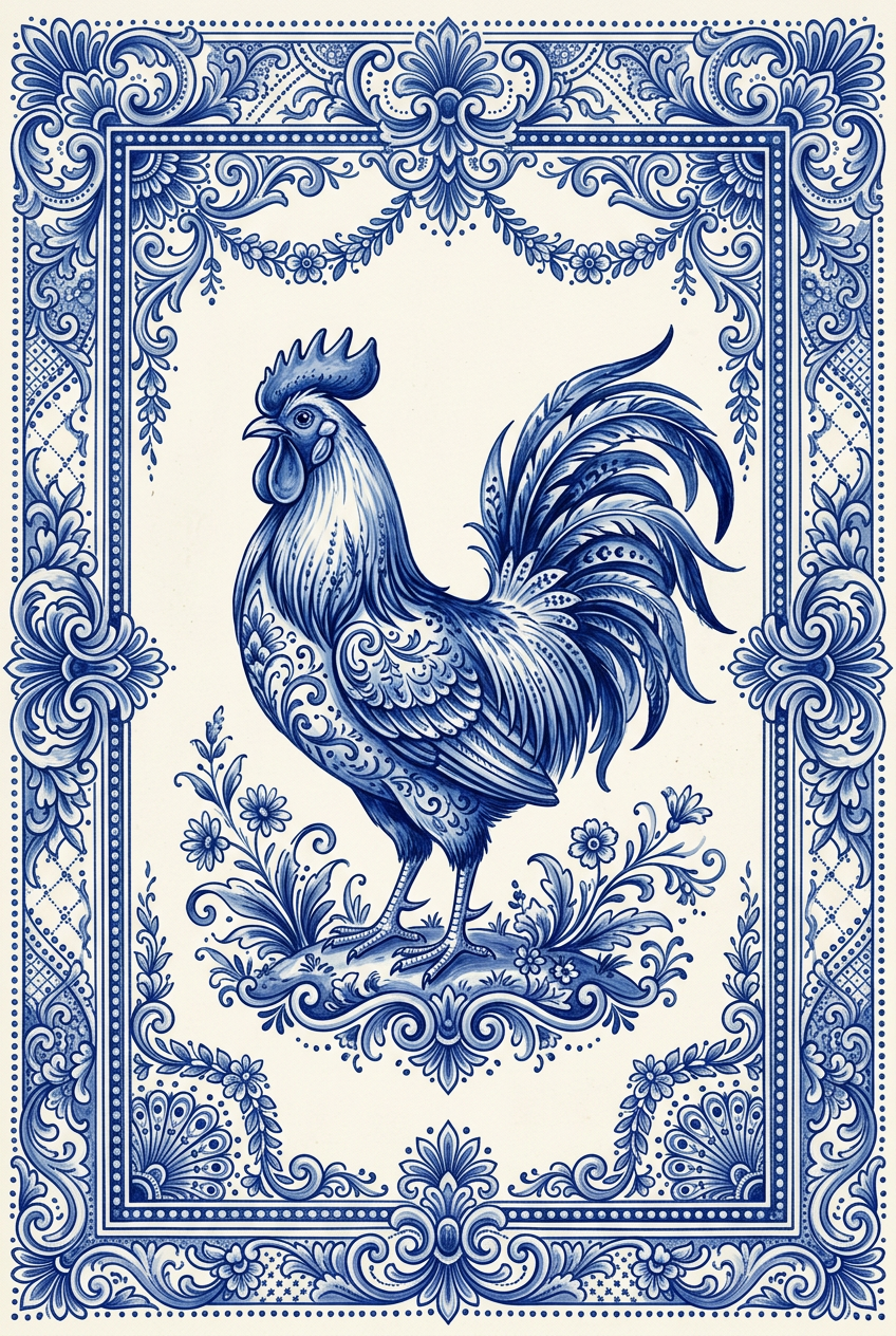 Affiche du Coq, poster azulejos bleu et blanc