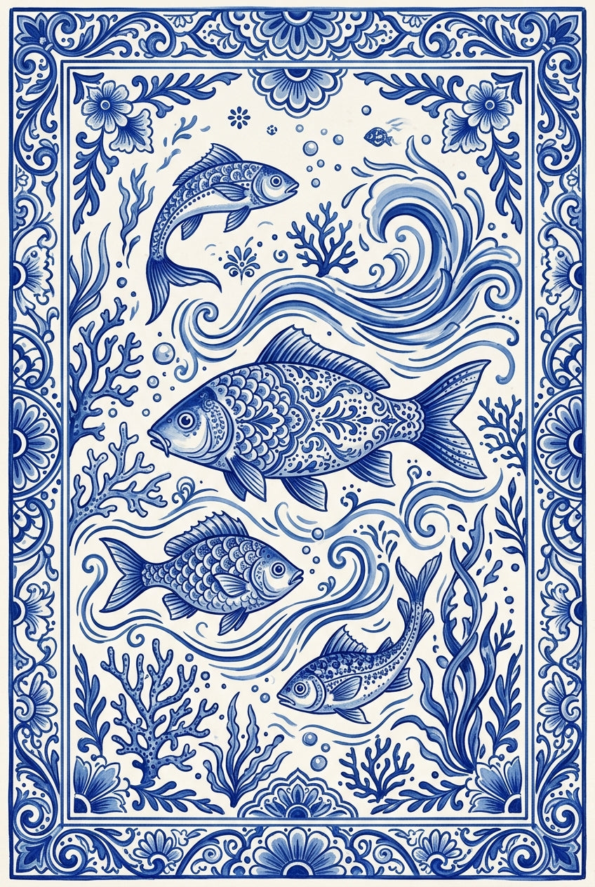 Affiche Azulejos Poissons, poster bleu et blanc
