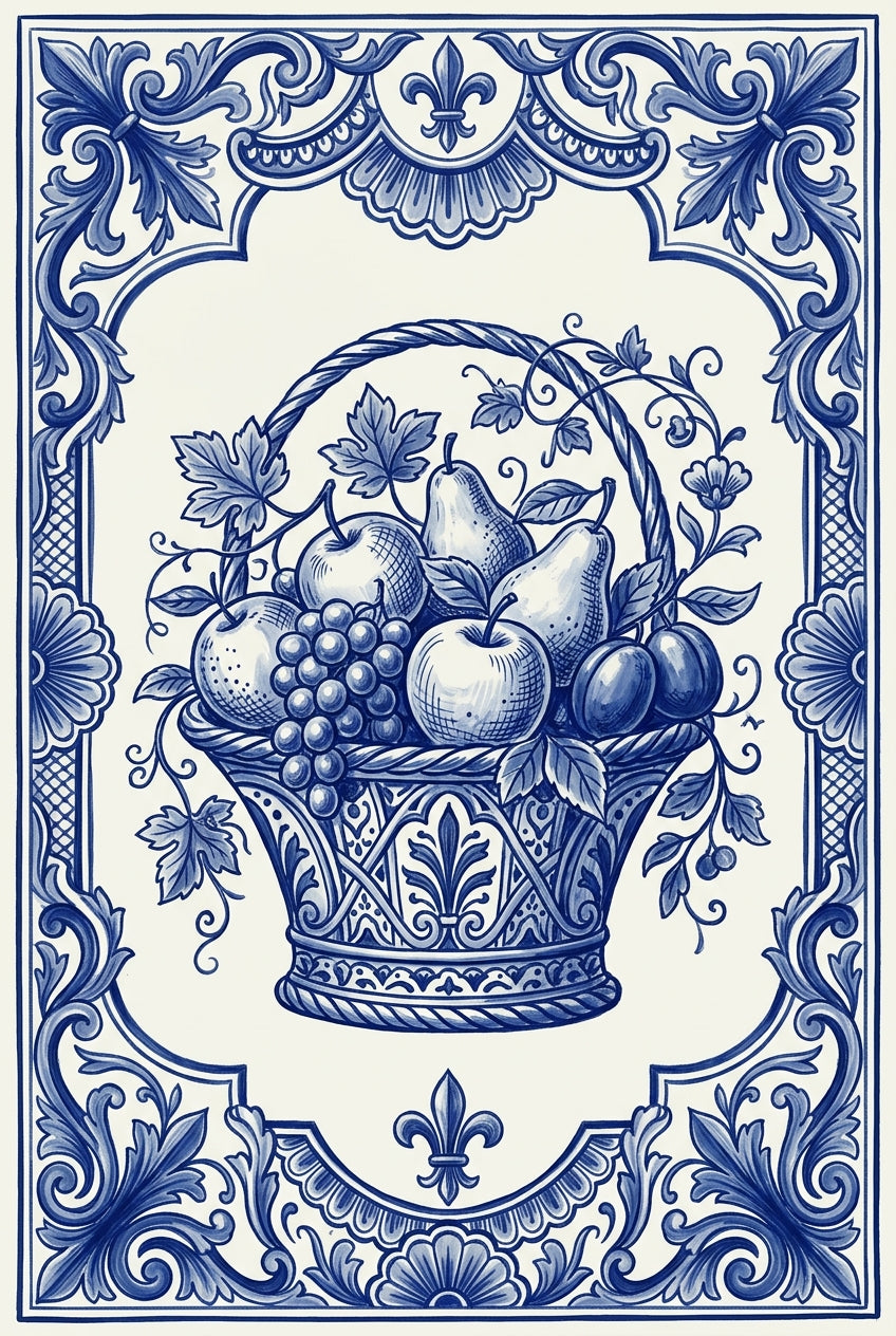 Affiche de panier de fruits, style azulejo bleu