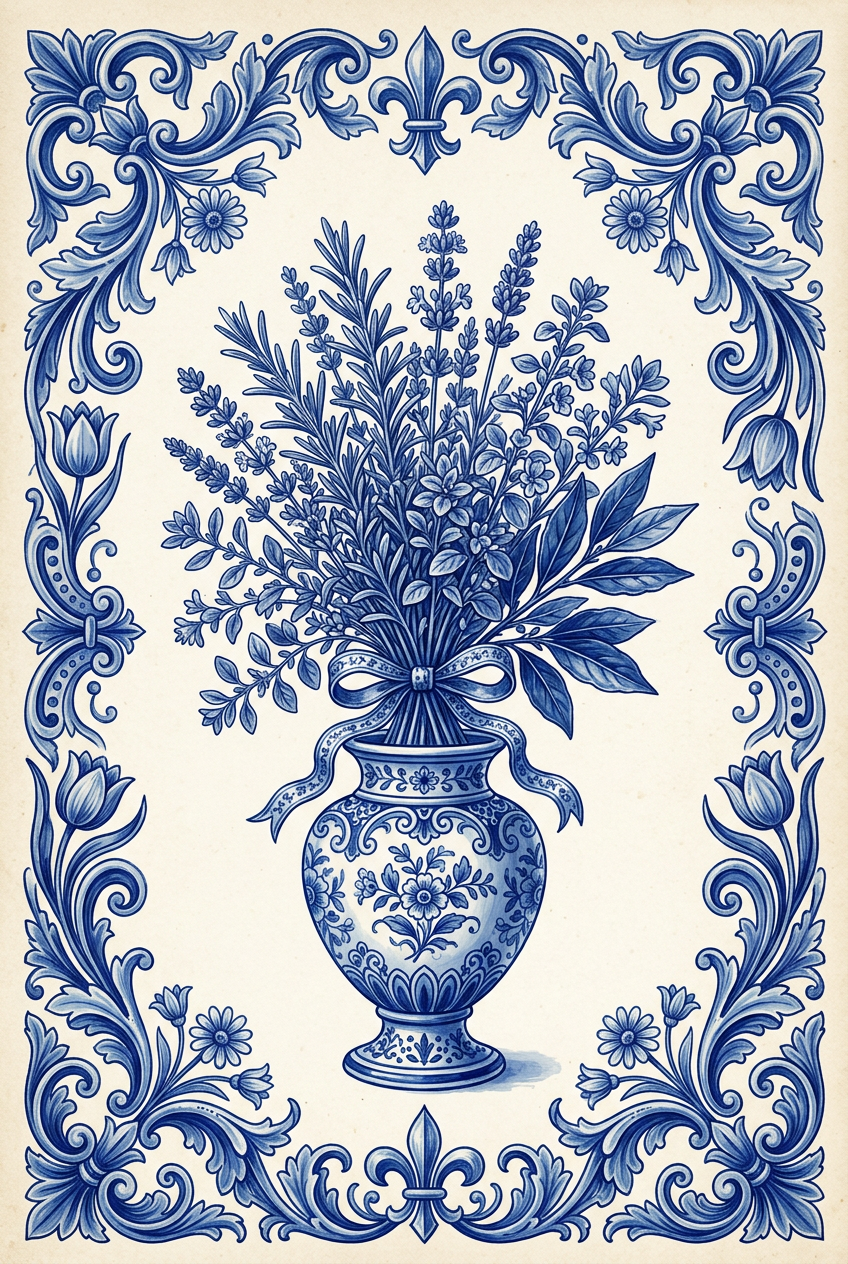 Affiche d'Herbes de Provence, poster bleu et blanc