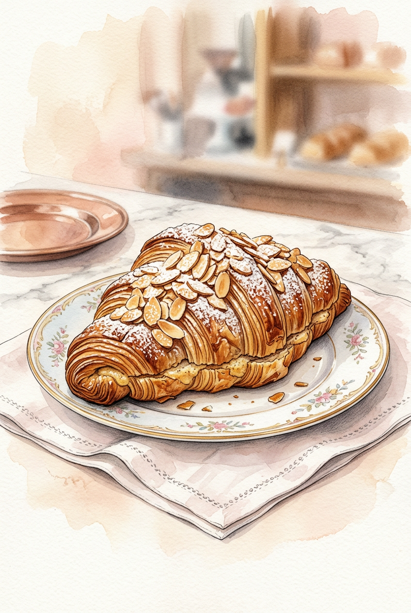 Poster du croissant aux amandes, style aquarelle