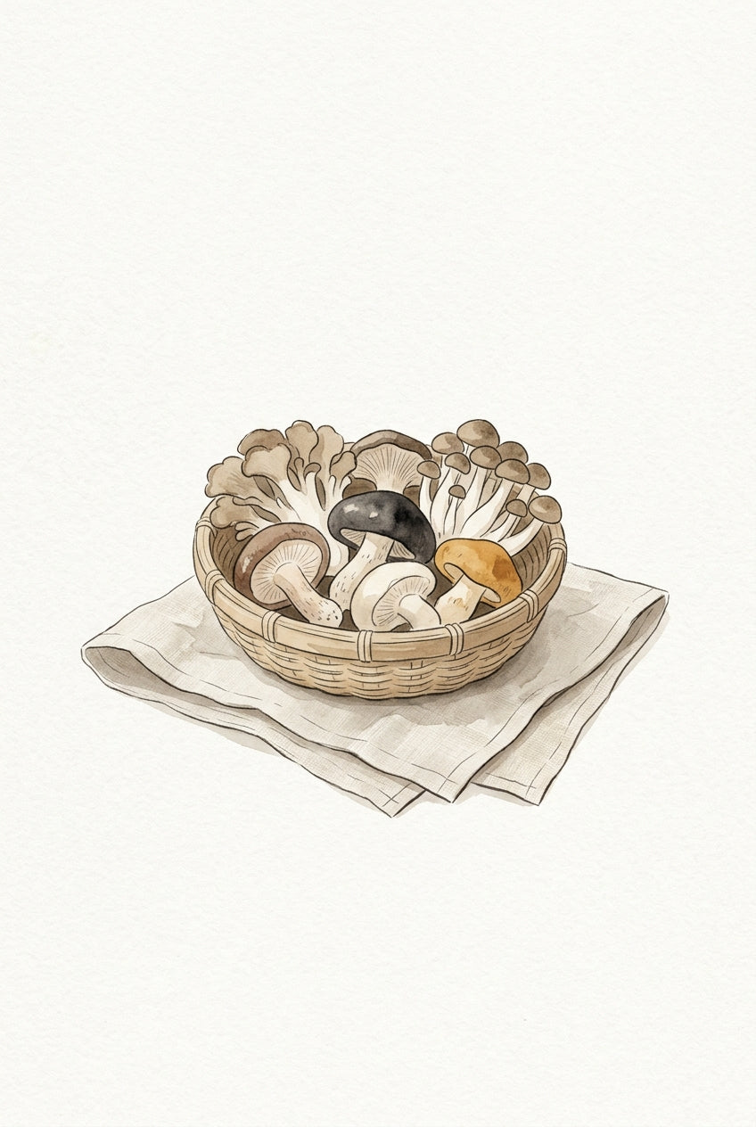 Affiche de champignons, poster panier en osier