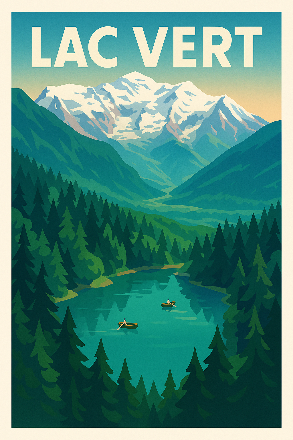 Affiche de Lac Vert - Une évasion alpine entre sommets enneigés et eaux cristallines