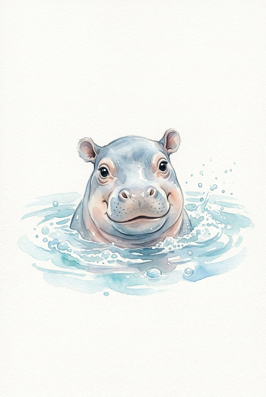 Affiche Chambre Bébé Hippopotame - Poster Aquarelle