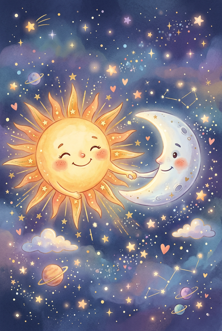 Affiche Chambre Bébé Soleil et Lune Amis - Poster Céleste