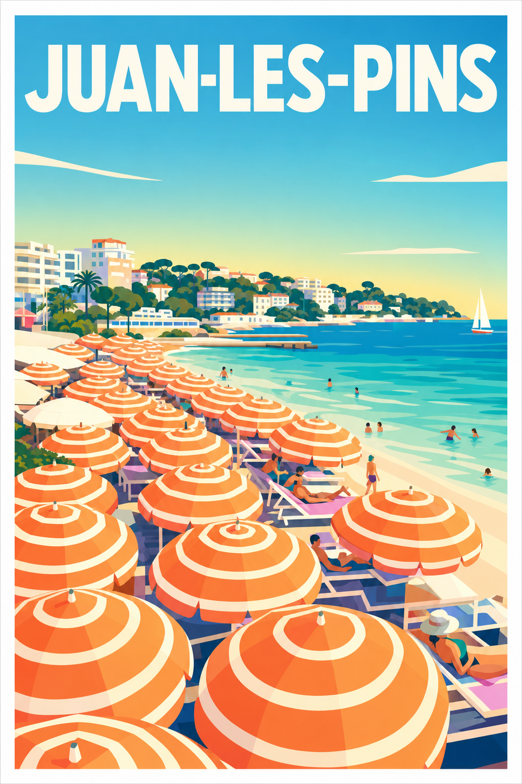 Affiche Juan-les-Pins, poster parasols orange