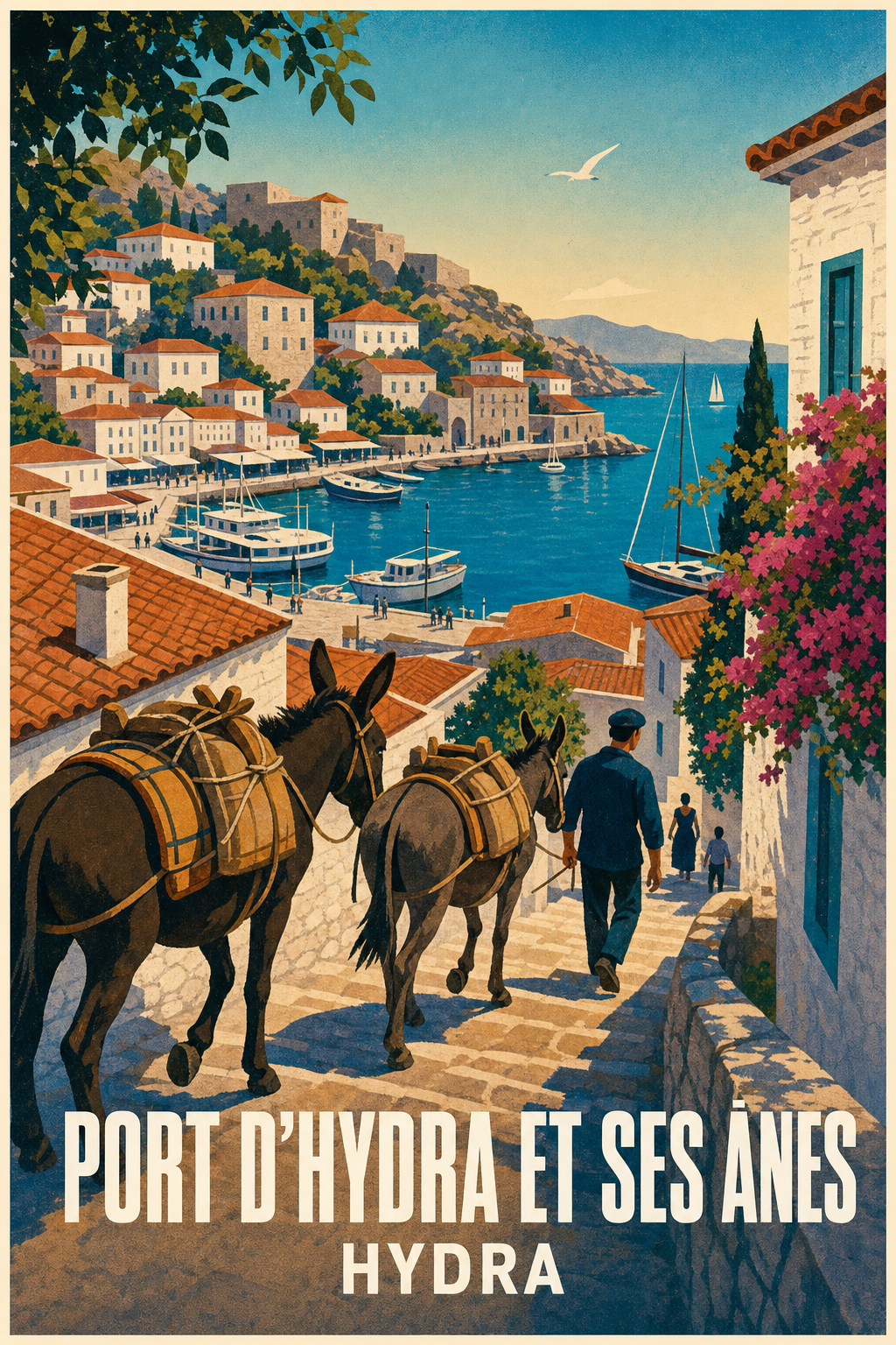 Affiche d'Hydra, poster du port et des ânes