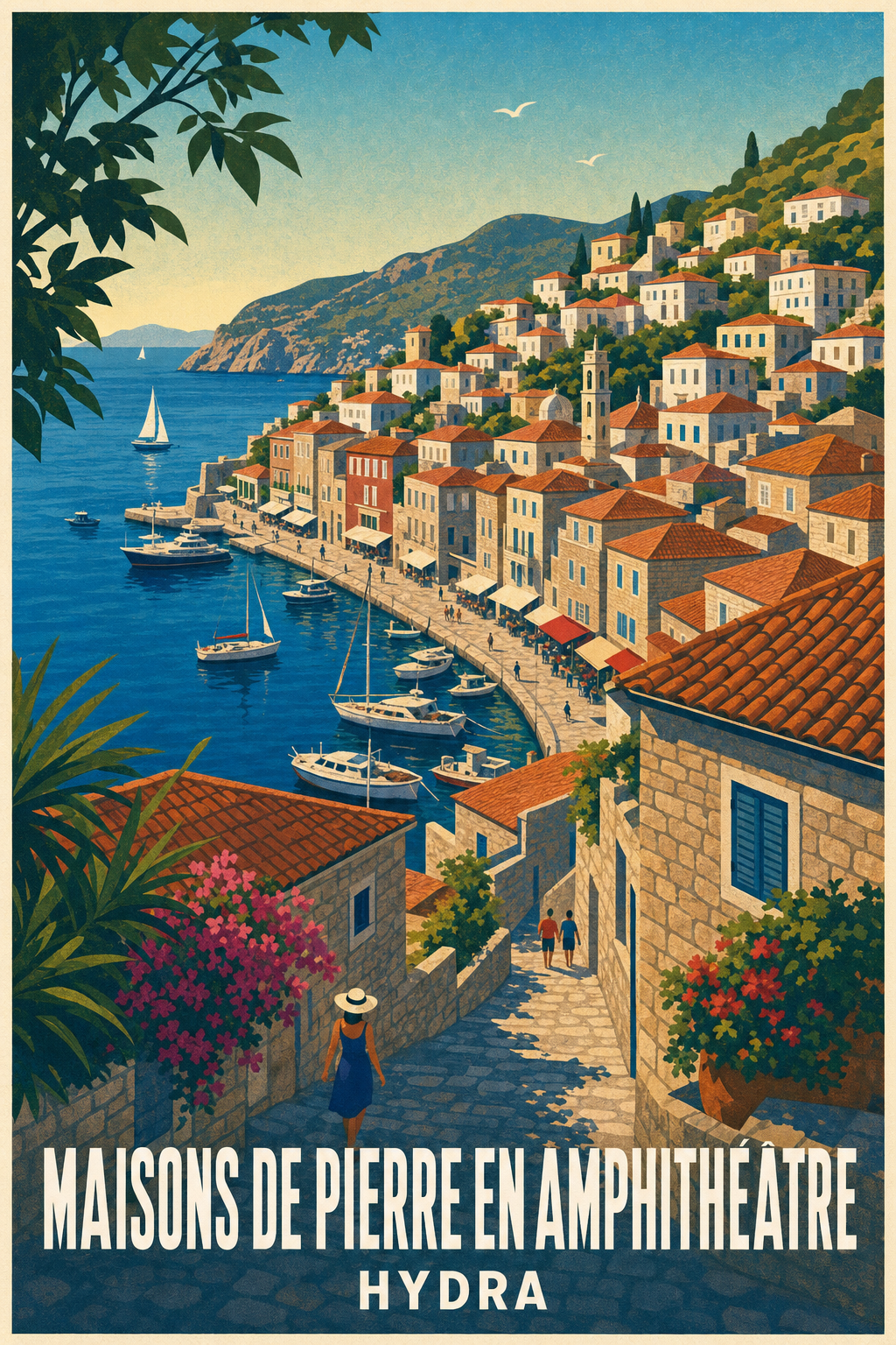Affiche d'Hydra, poster maisons en pierre