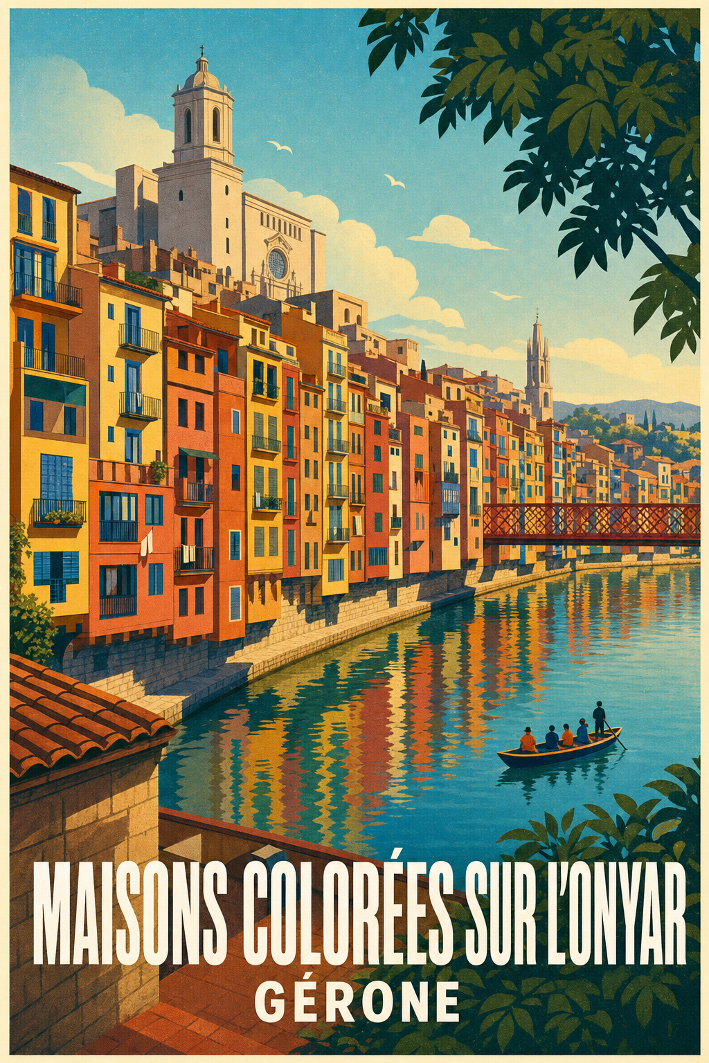 Affiche de Gérone, maisons colorées sur l'Onyar