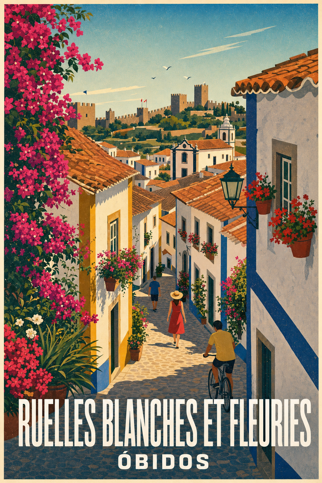Affiche d'Óbidos, ruelles fleuries et château