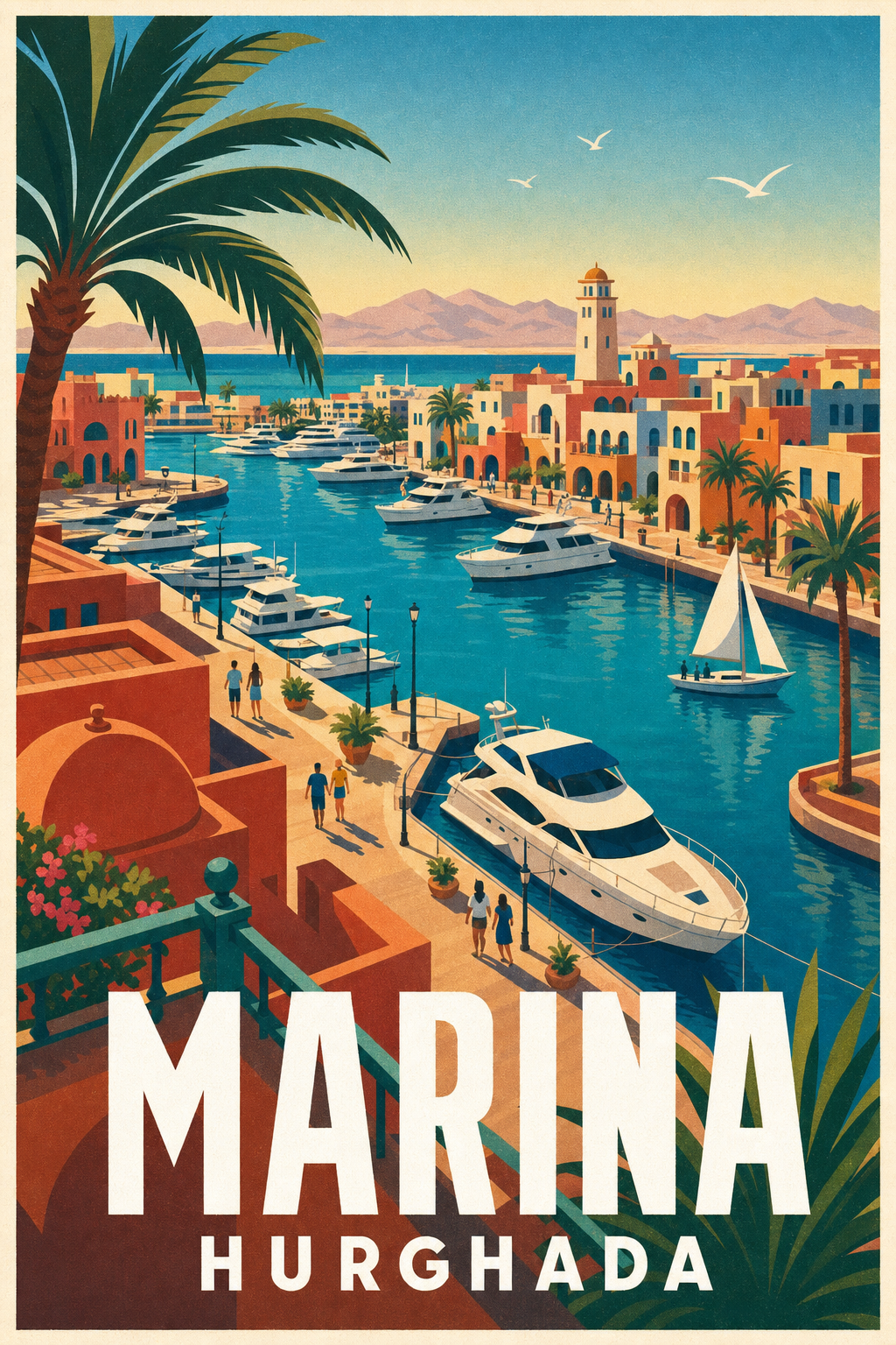 Affiche de Hurghada Marina, poster yachts et palmiers