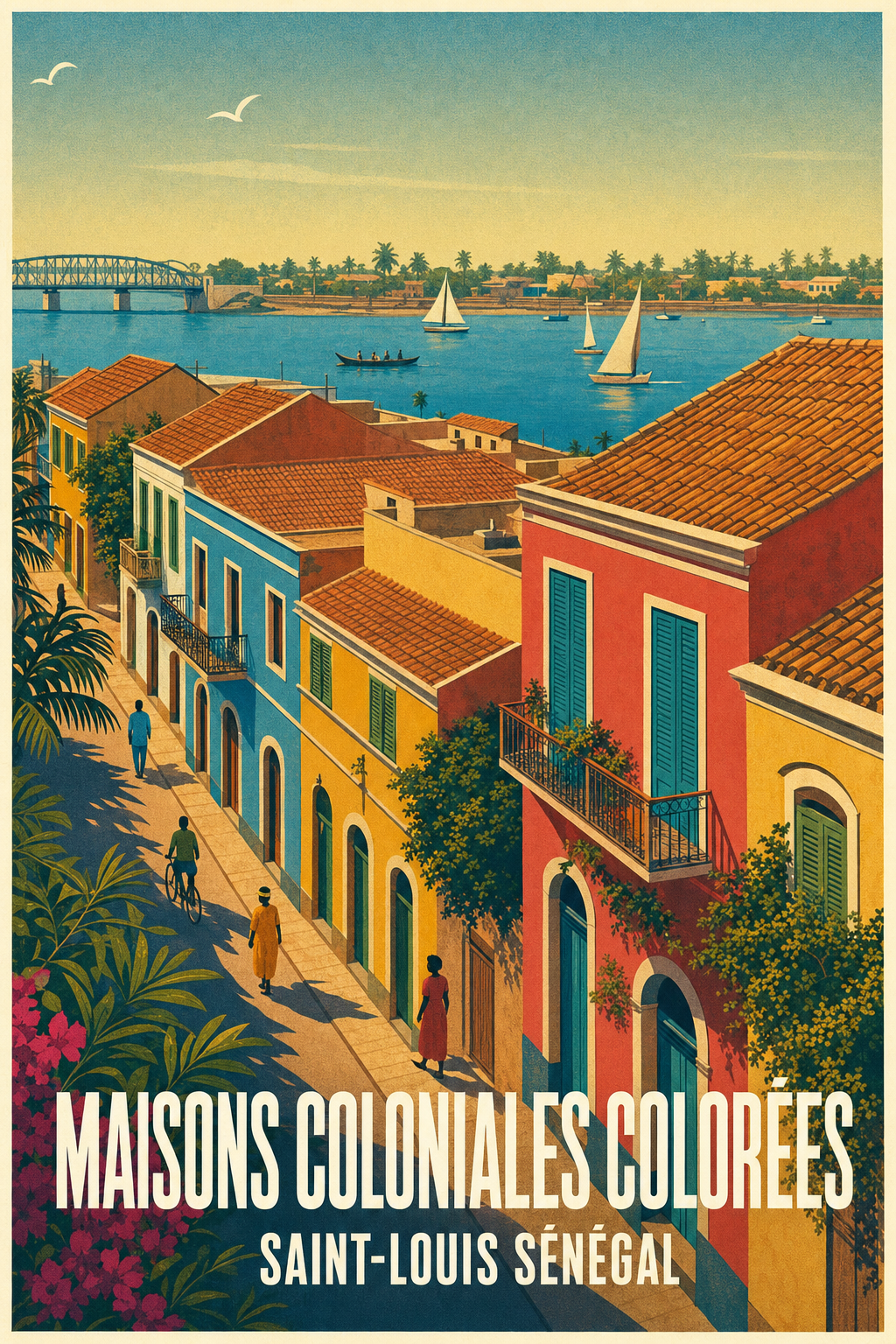 Affiche de Saint-Louis Sénégal, poster maisons colorées