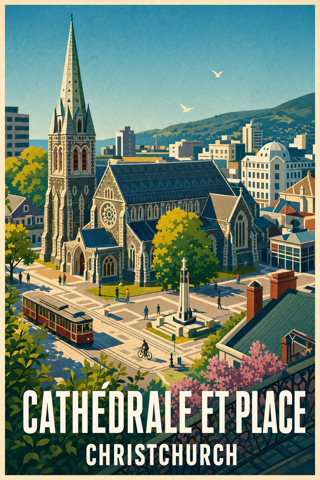 Affiche de Christchurch, cathédrale et tramway