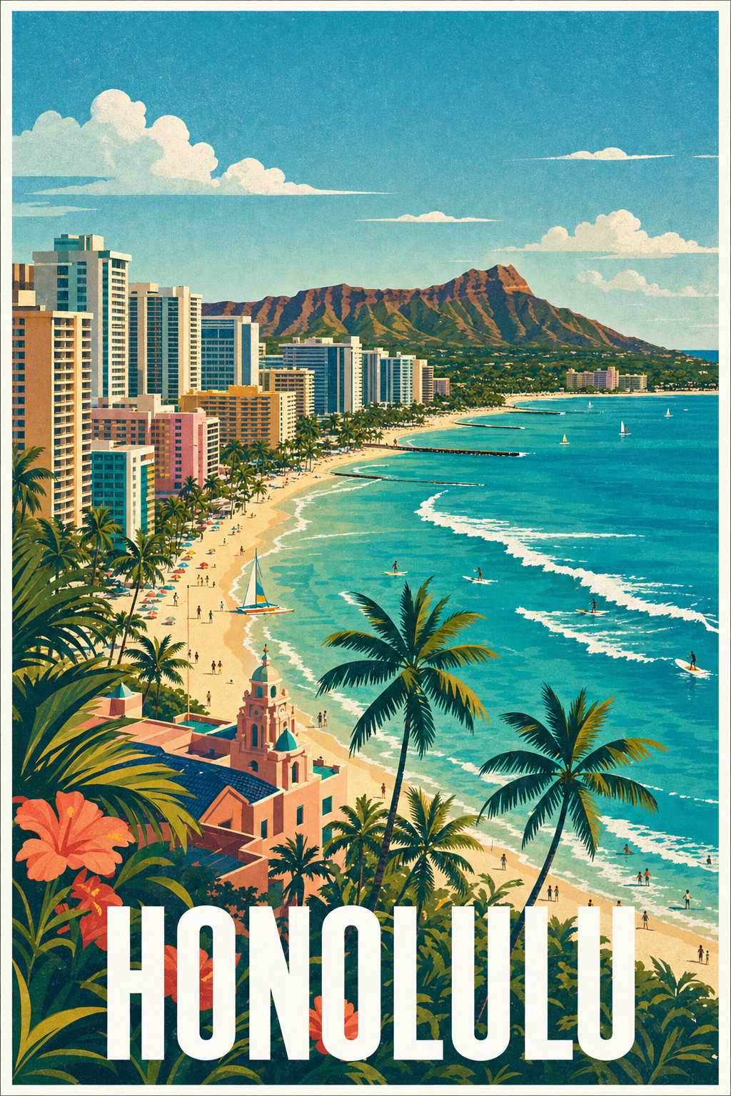 Affiche d'Honolulu, poster plage de Waikiki