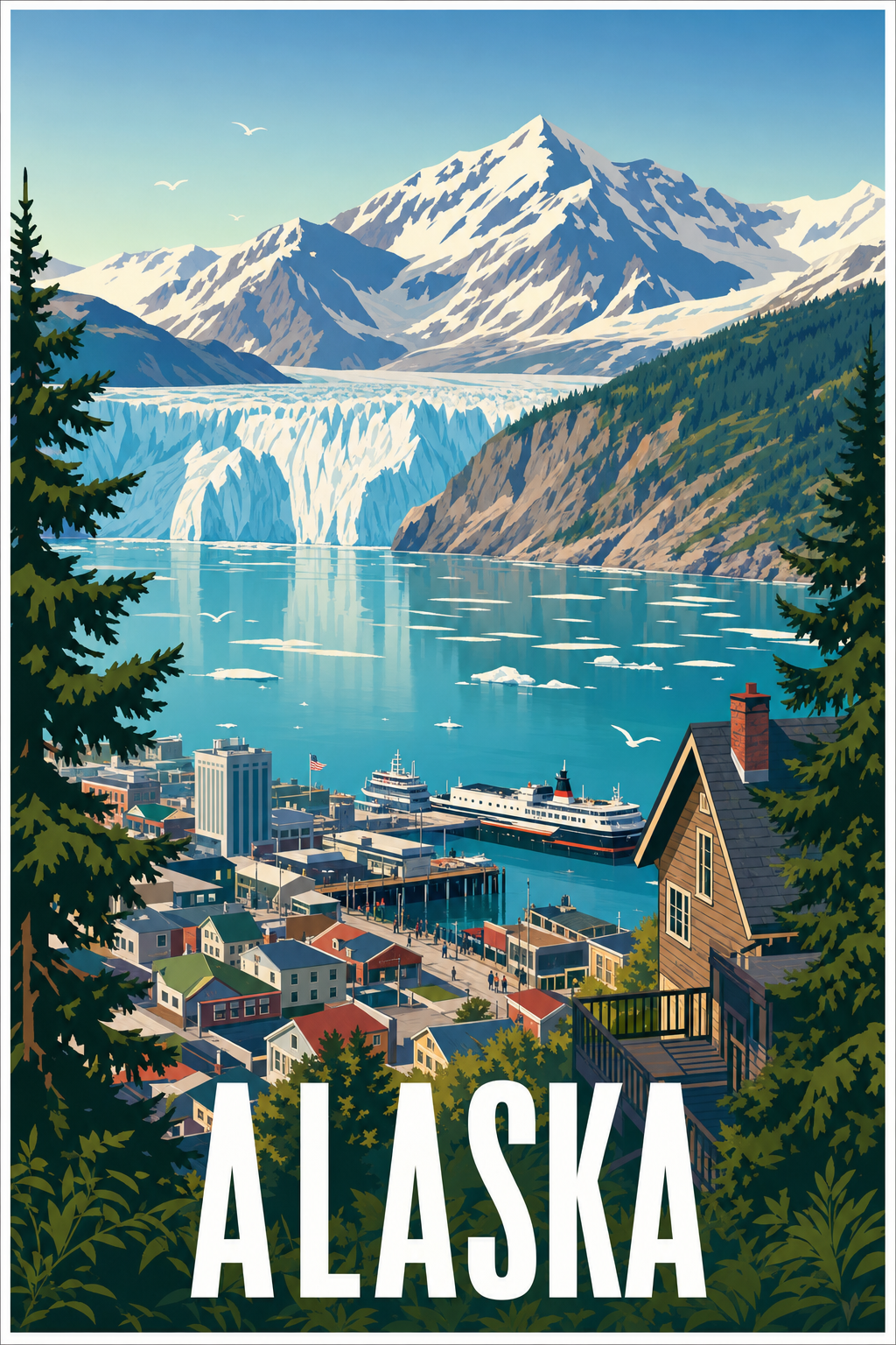 Affiche d'Alaska, poster glacier et port