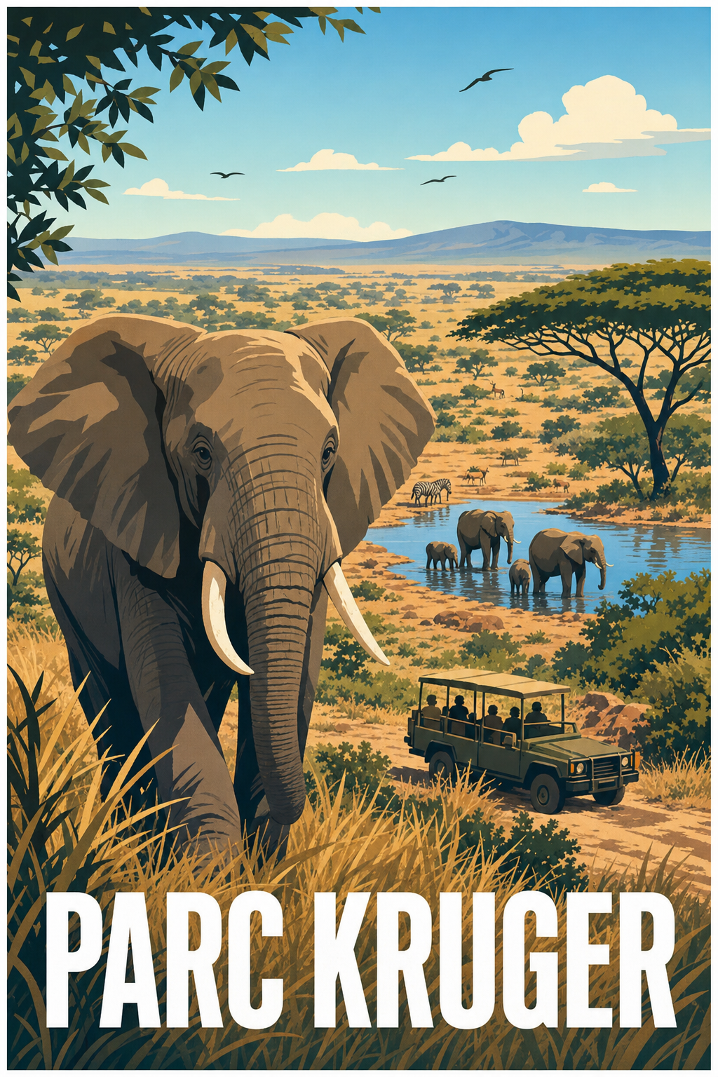 Affiche du Parc Kruger, poster éléphant d'Afrique