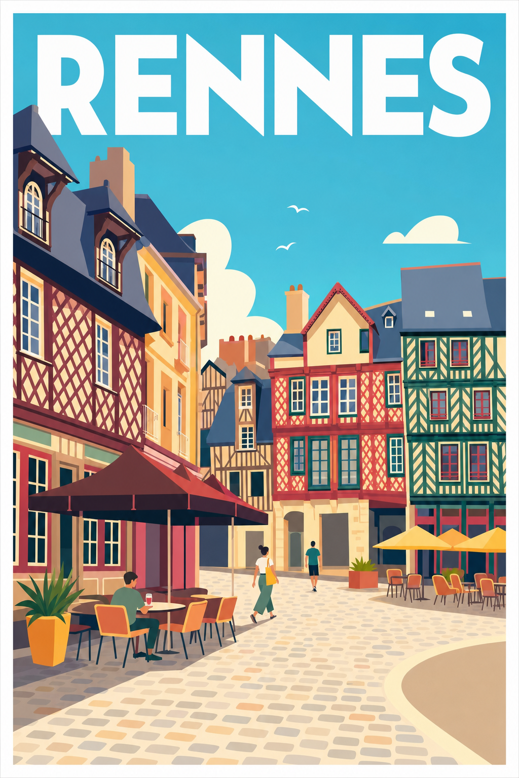 Affiche de Rennes, poster maisons à pans de bois