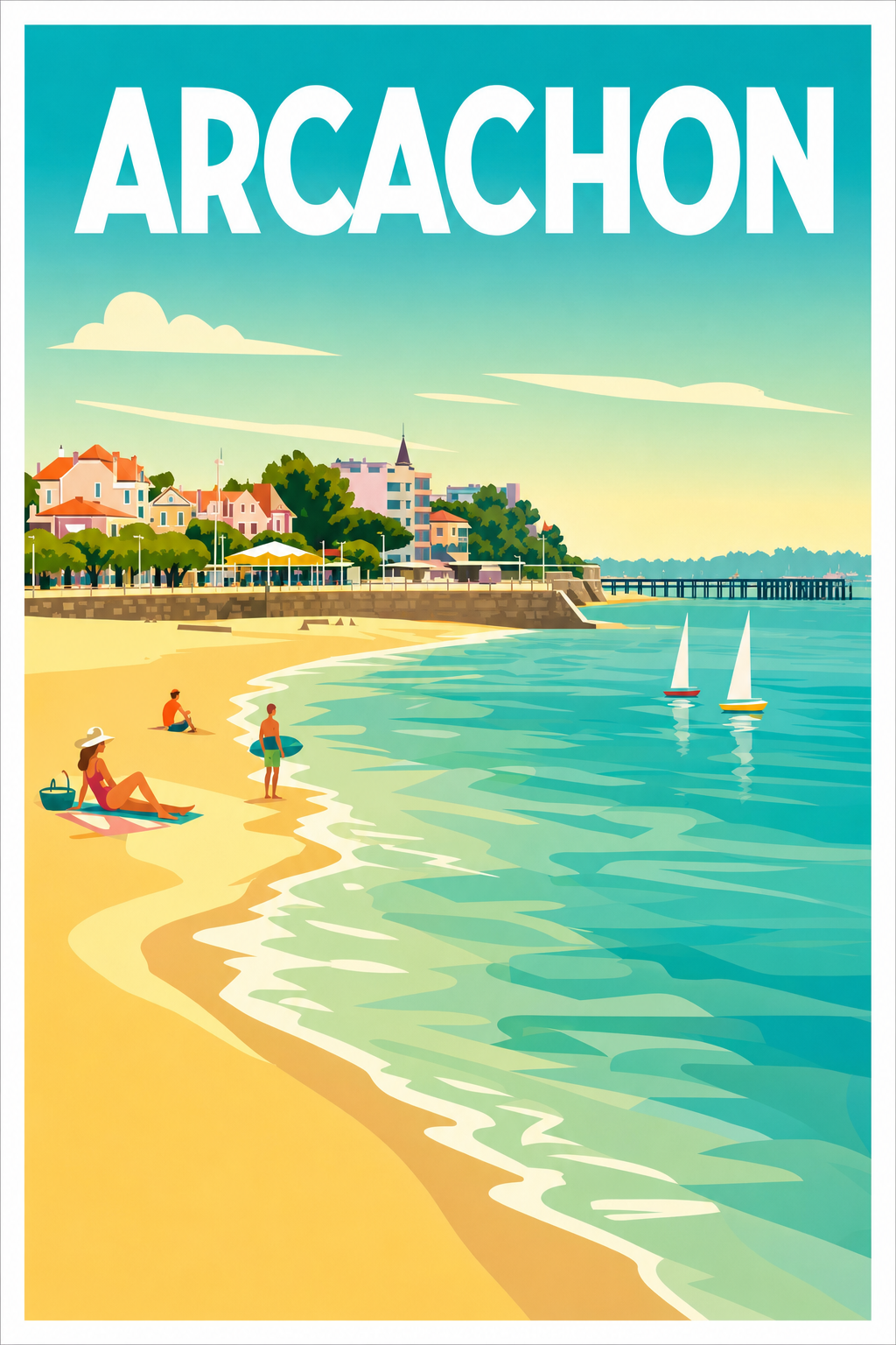 Affiche d'Arcachon, poster plage et voiliers