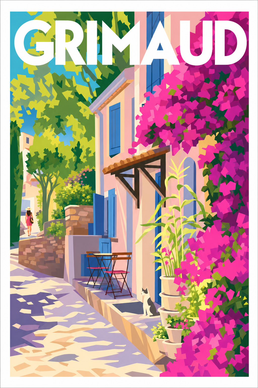 Affiche de Grimaud, poster ruelle fleurie