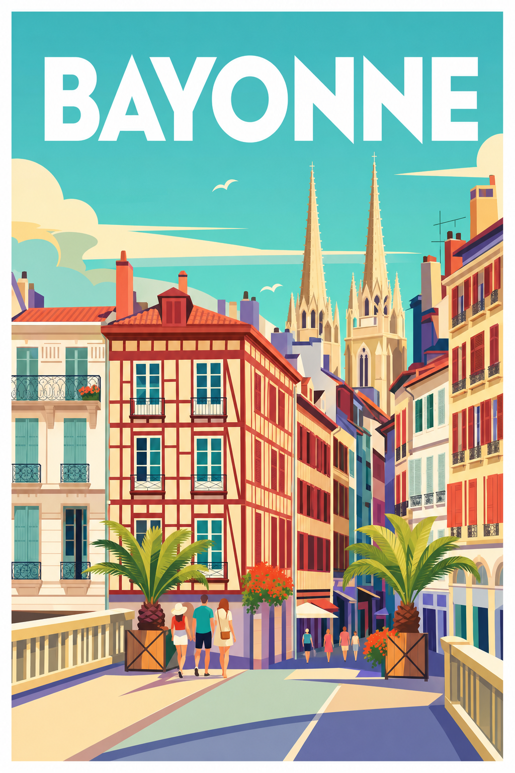 Affiche de Bayonne, poster maisons à colombages