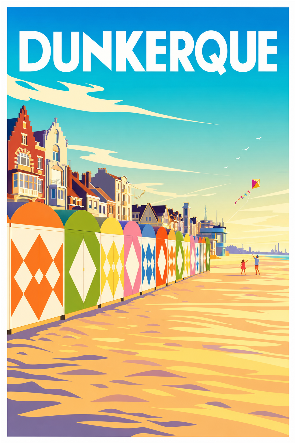Affiche Dunkerque, cabines de plage colorées