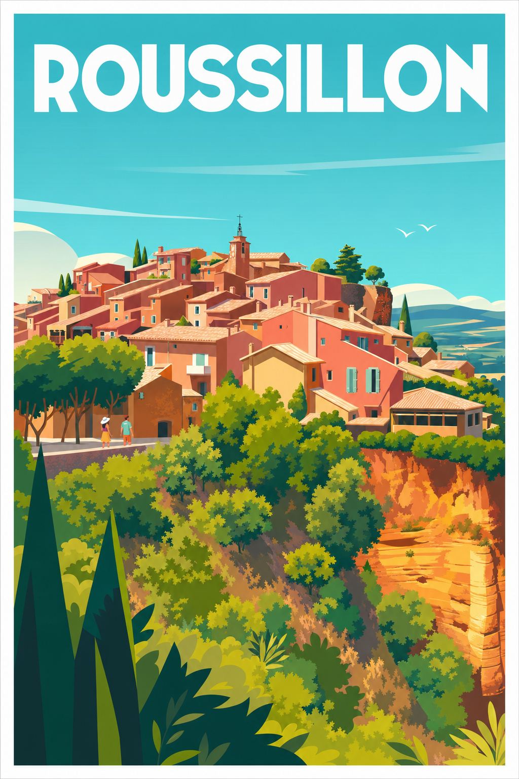 Affiche Roussillon, poster village ocre