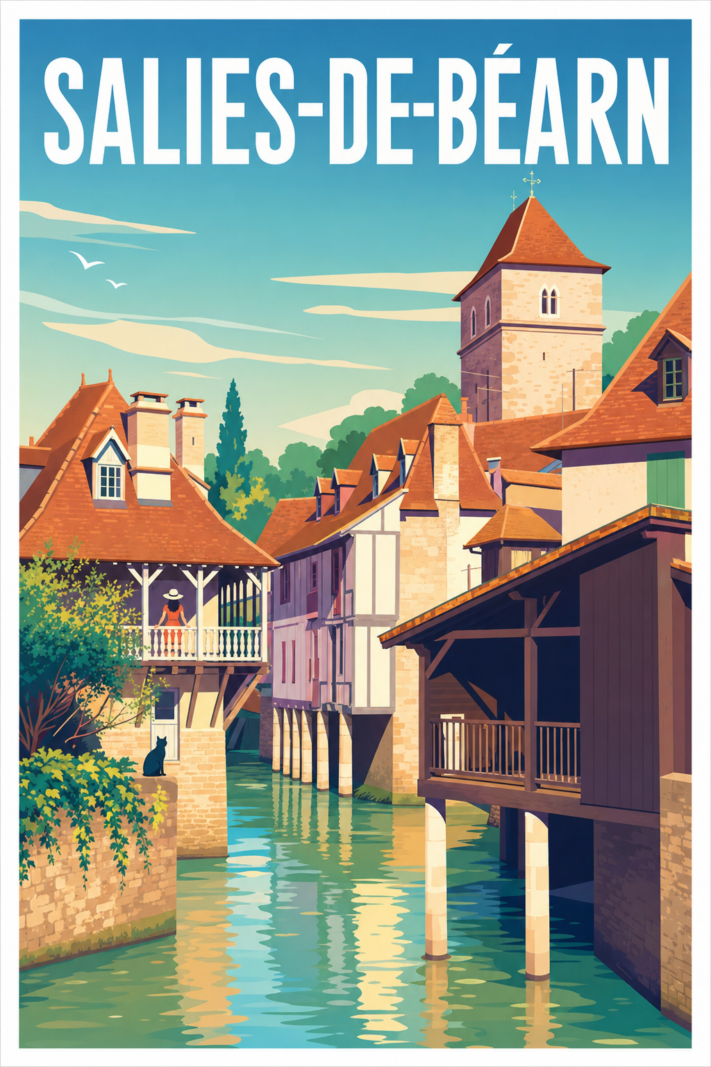 Poster Salies-de-Béarn, maisons sur pilotis