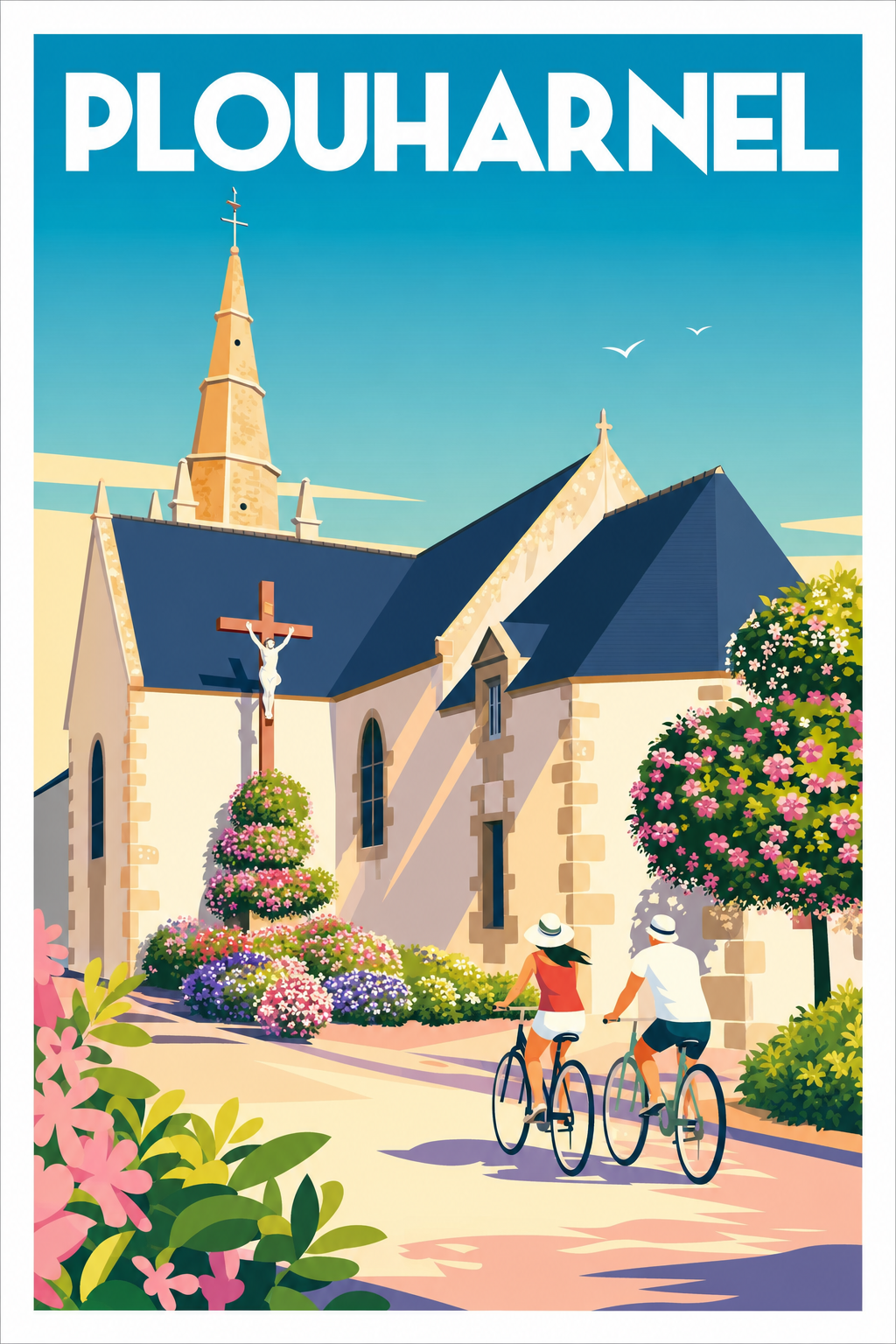 Affiche de Plouharnel, poster église et cyclistes