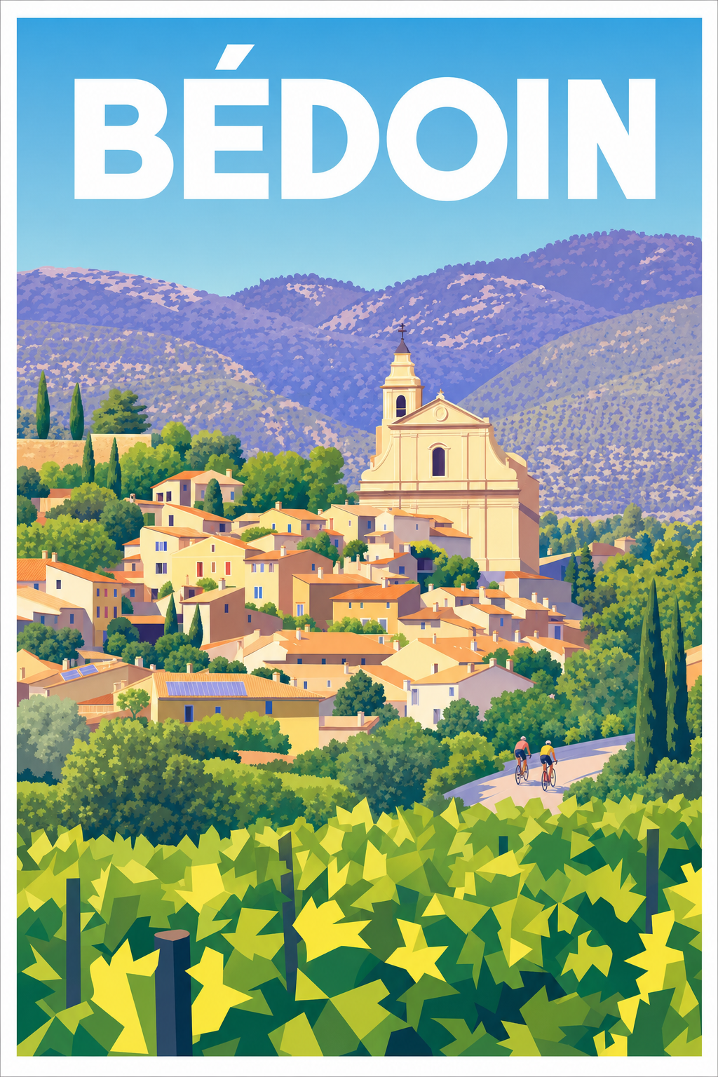Affiche de Bédoin, poster église et cyclistes
