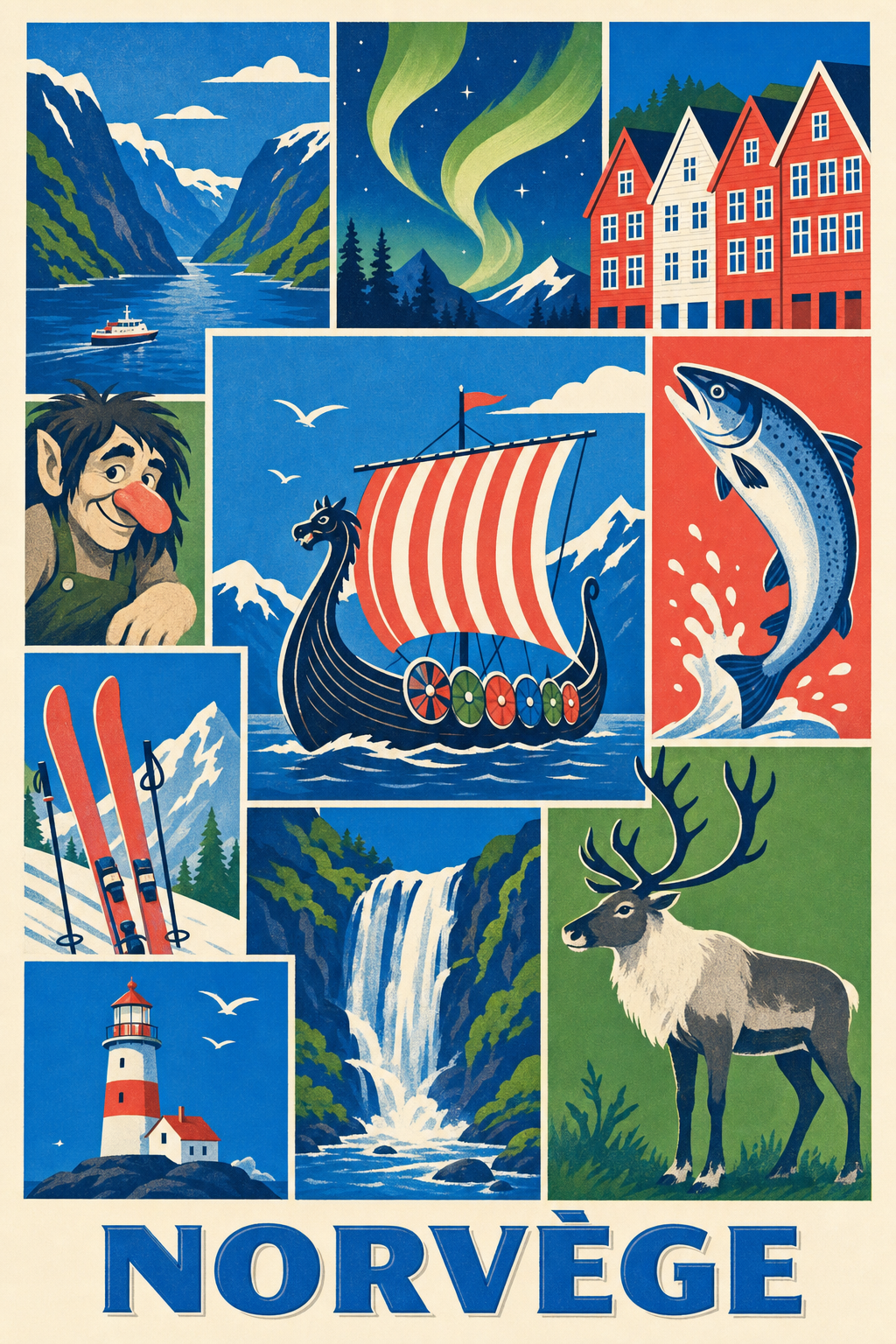 Affiche de Norvège, poster drakkar et fjords