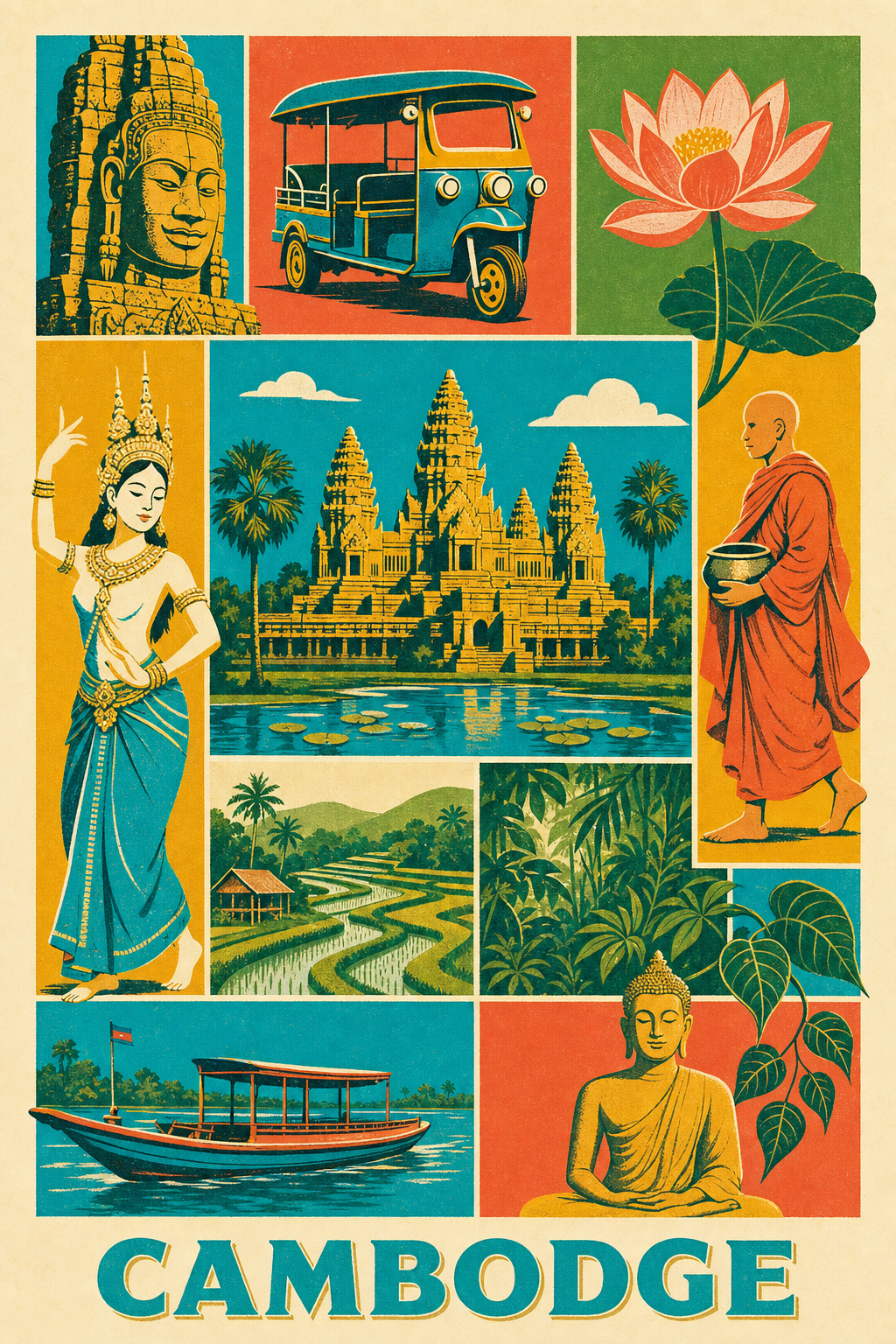 Affiche du Cambodge, poster Angkor Wat et tuk-tuk