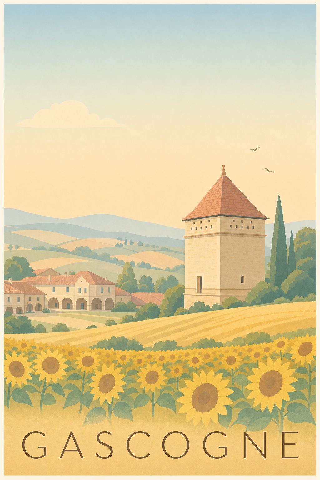 Affiche de Gascogne, poster tour et tournesols