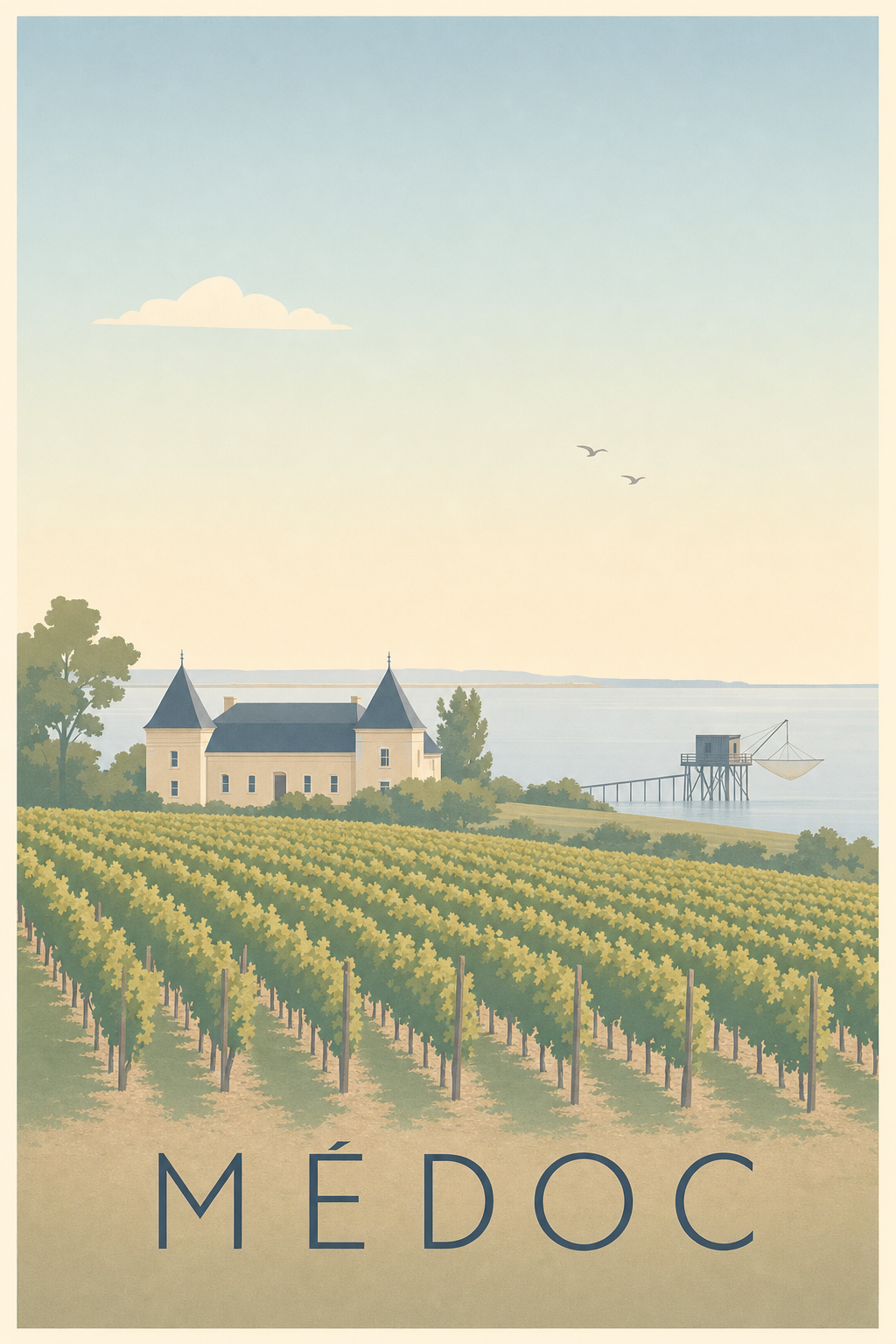 Affiche du Médoc, poster vignoble et carrelet
