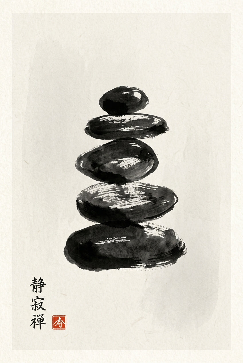 Minimalist Japandi ink poster of abstract stacked stones rendered as a vertical tower of five loose sumi-e brush mark...