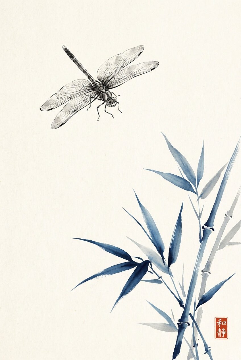 Minimalist Japanese sumi-e ink poster of a single dragonfly hovering above slender bamboo leaves, the insect drawn wi...