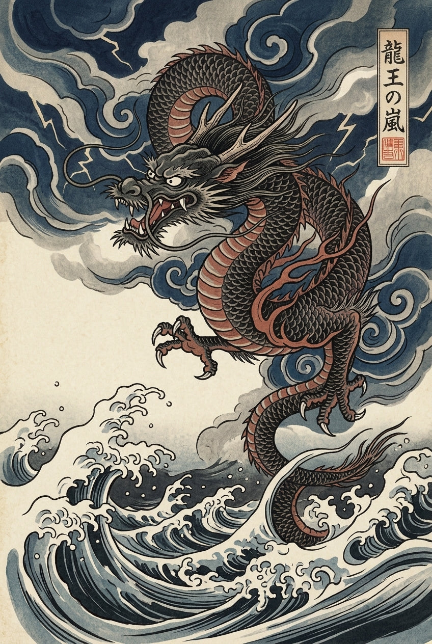 Dramatic ukiyo-e woodblock print of a powerful Japanese dragon emerging from swirling storm clouds above turbulent br...