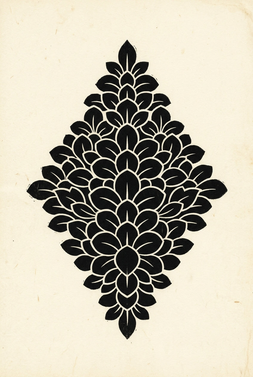 Traditional Japanese woodblock-printed ornament from a nineteenth century Edo period design book, showing layered org...