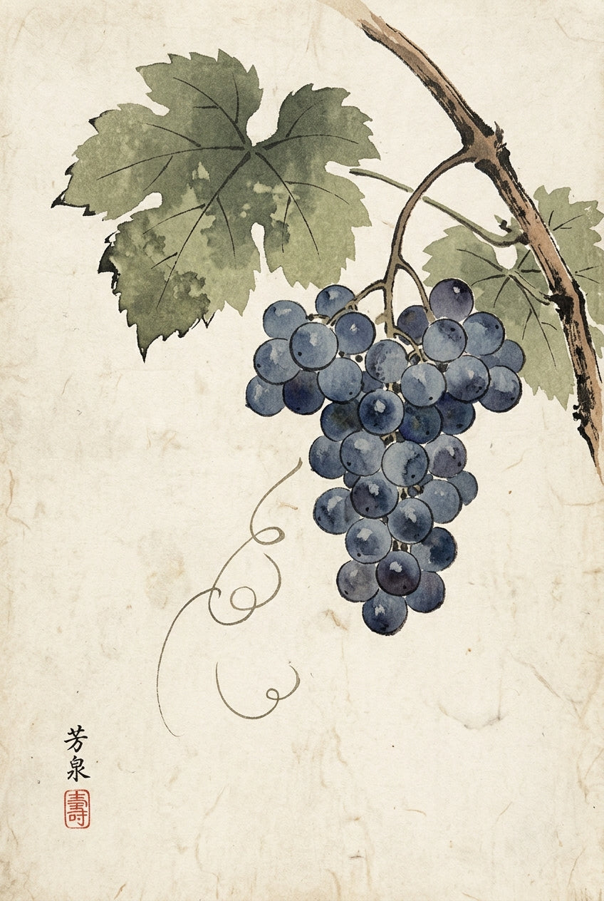 A minimalist nineteenth-century Japanese woodblock and sumi-e style print of a grapevine, showing one heavy cluster o...