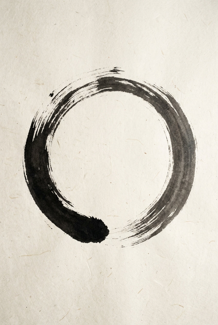 A minimalist Zen sumi-e ink painting of a single enso circle, drawn in one continuous uninterrupted brushstroke that...