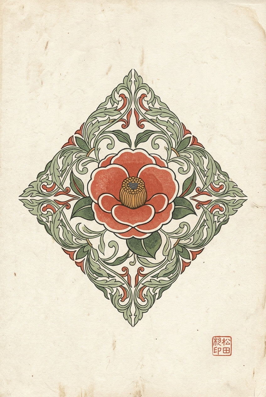 A decorative Japanese woodblock design print centred on a single stylized camellia blossom with layered rounded petal...