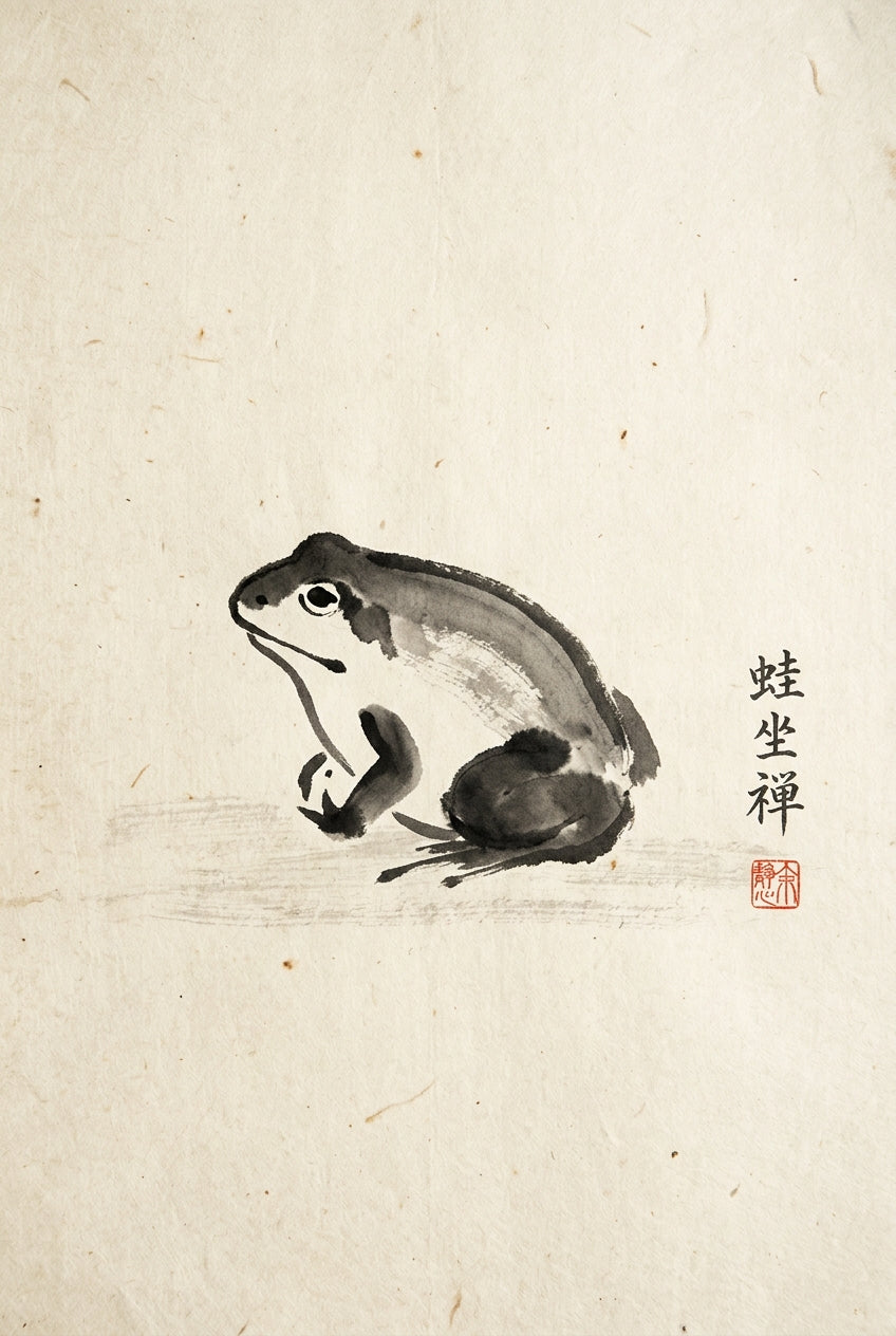 A minimalist Japanese sumi-e ink painting of a single squat frog seen from the side, its body reduced to a handful of...