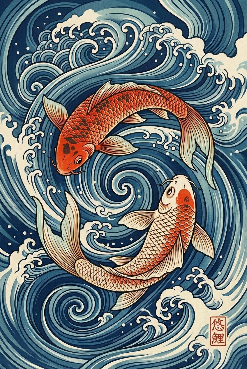 A neo ukiyo-e Japanese print of two koi carp gliding through swirling water, bodies curved in an interlocking circula...