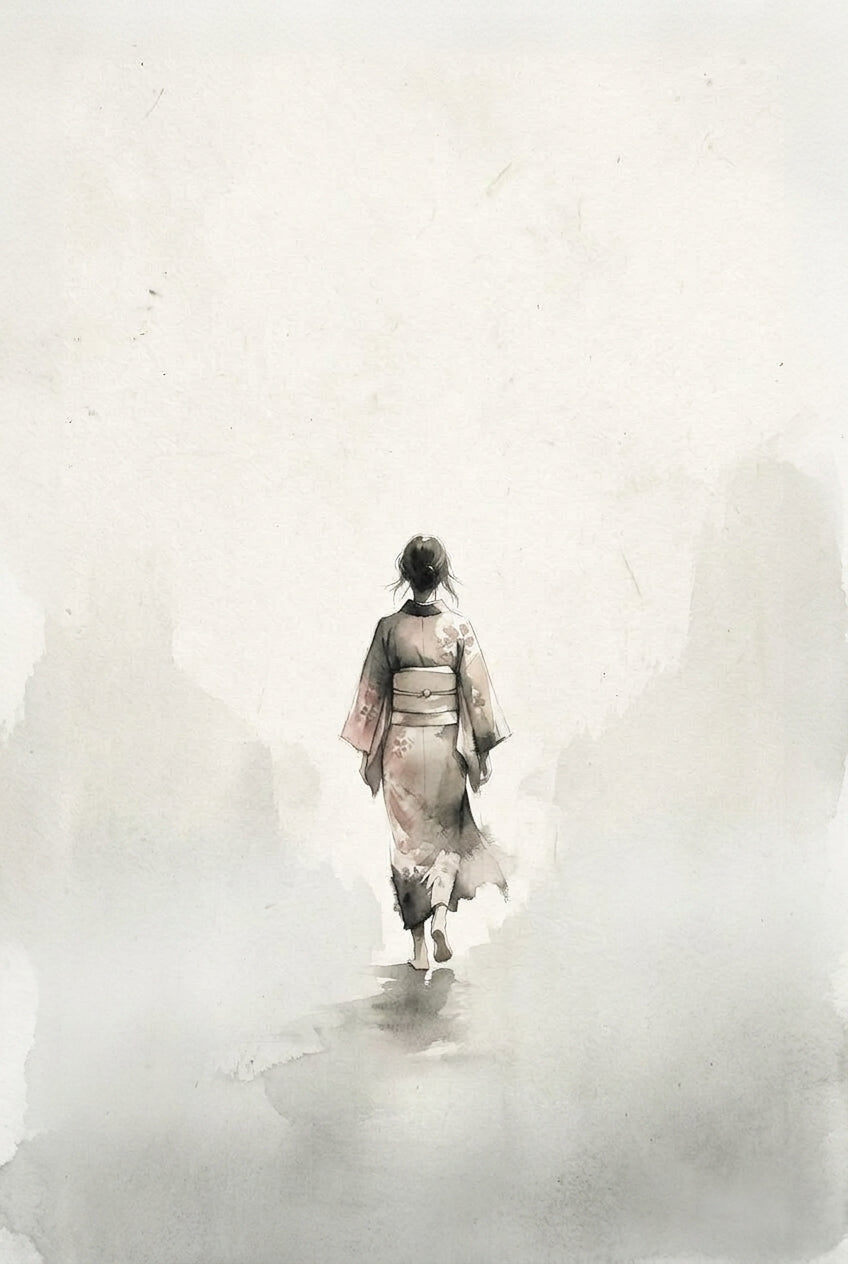 A minimalist contemporary Japandi art print rendered in soft ink wash and dry-brush texture, depicting a solitary wom...