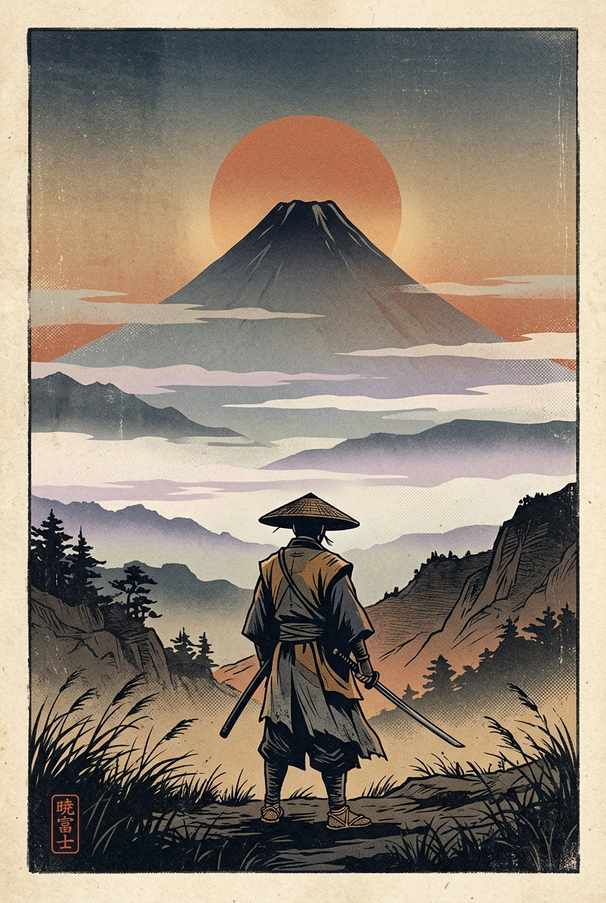 A cinematic neo ukiyo-e poster print of a lone samurai standing in the lower third with his back to the viewer, straw...
