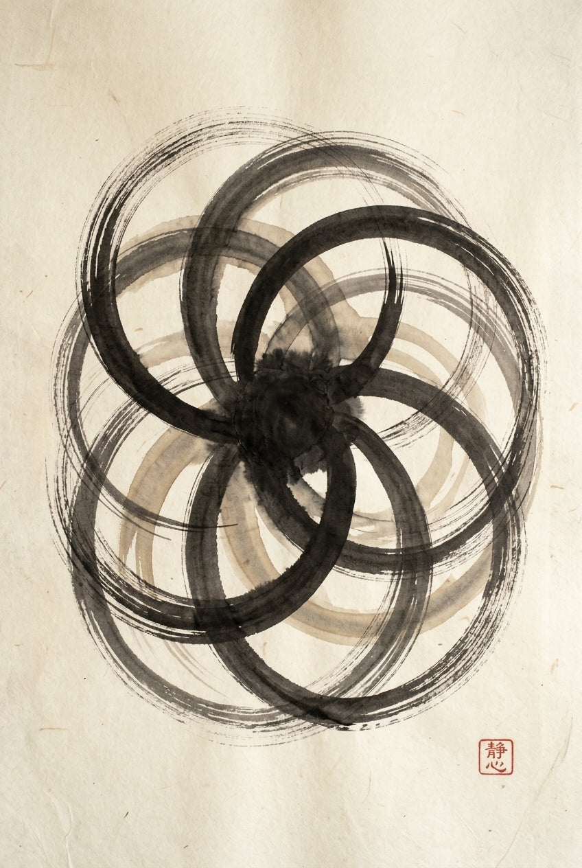 A minimalist sumi-e ink wash art print of several large overlapping enso circles sweeping across the sheet and conver...